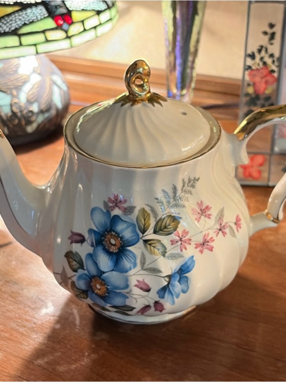 Vintage Sadler England Floral Porcelain Teapot with Gold Trim - Blue Floral